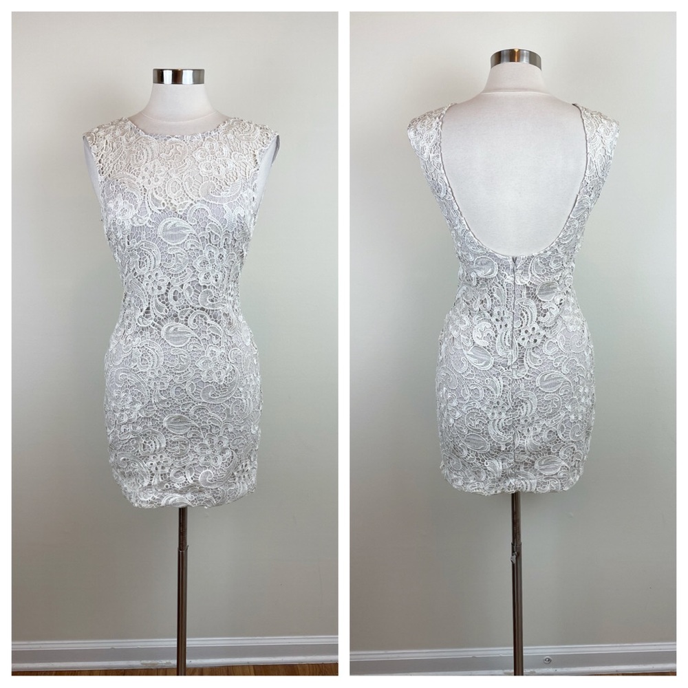 Bebe Ivory Cream White Lace Low Cut Back Bodycon Dress Women Small Glam Party